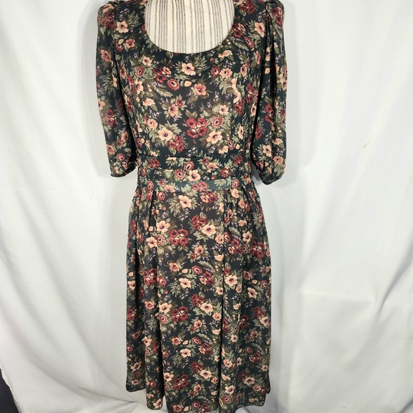 Vintage Ruth Varlan Black & Multi Floral Print Puff Sleeve Midi Dress Sz Medium - Picture 1 of 6